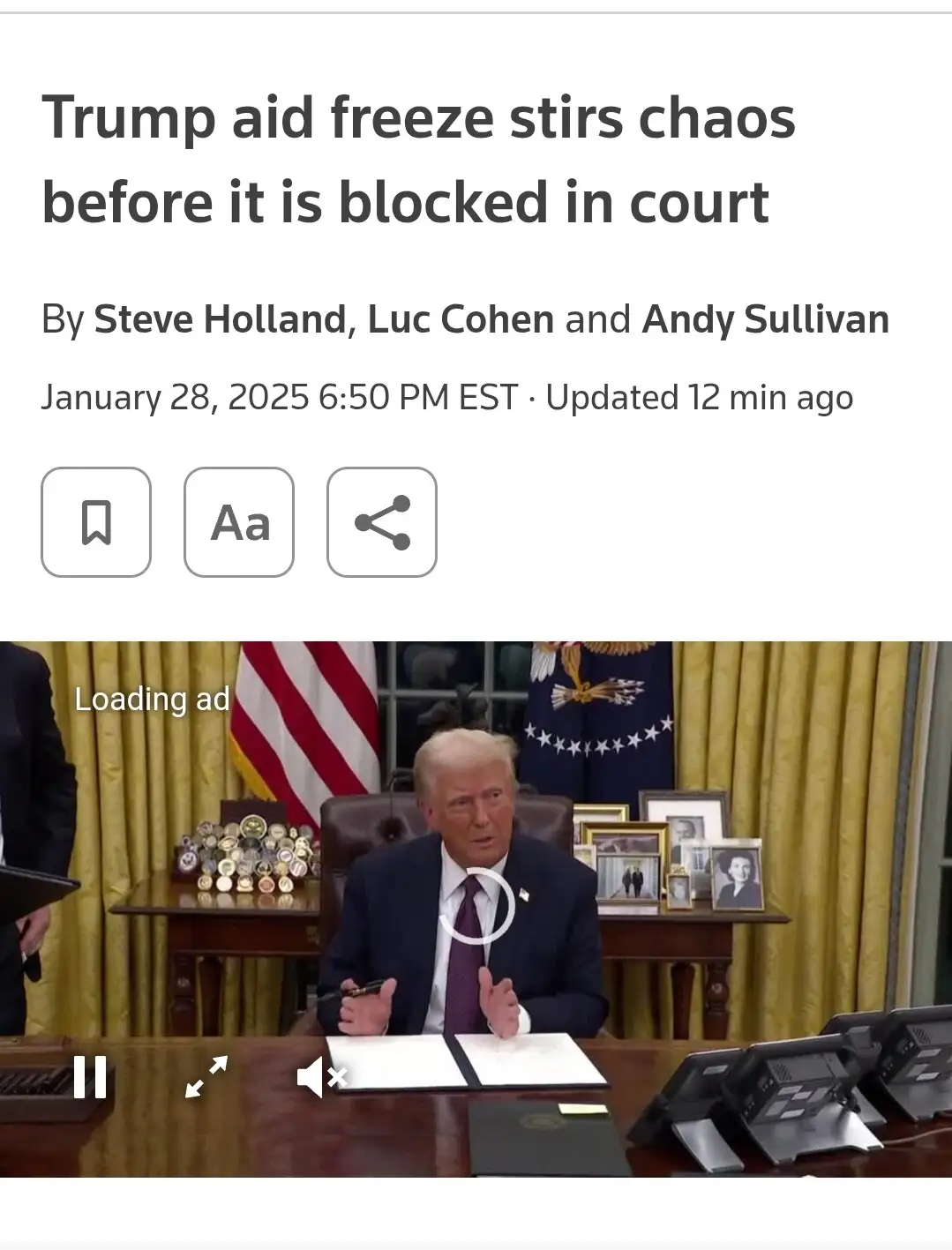A screenshot of a news article header with the headline 'Trump aid freeze stirs chaos before it is blocked in court' by…