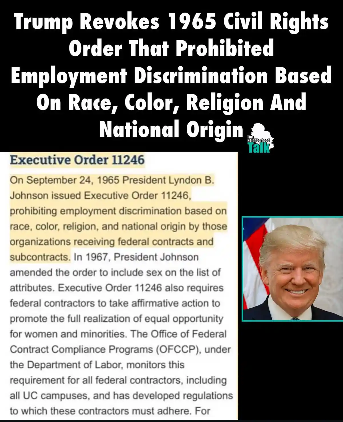 The image displays a large headline claiming Trump revoked a 1965 civil rights order prohibiting employment discrimination…