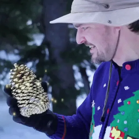 A man in a festive Christmas tree-patterned sweater and a safari-style hat holds a pinecone in a snowy forest. The image is…