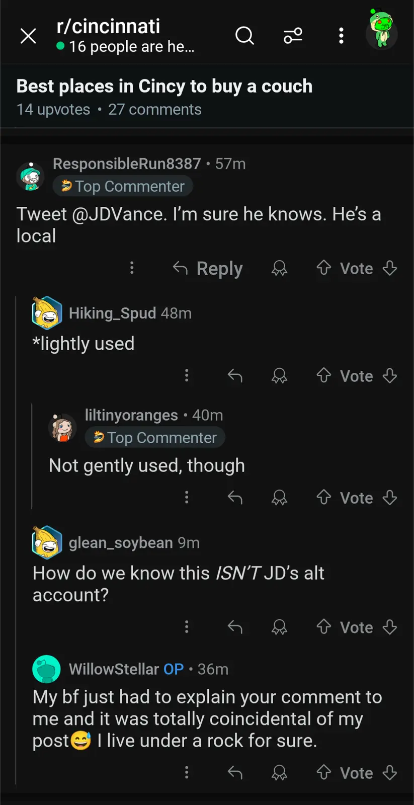 A Reddit thread in r/cincinnati about couch shopping shows a comment suggesting contacting JD Vance, who is a local…