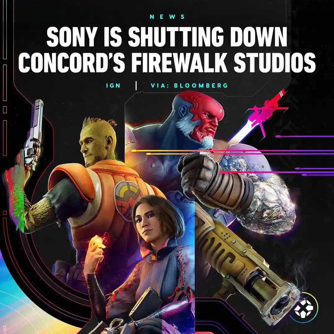 An image styled as a news headline from IGN via Bloomberg, announcing Sony shutting down Concord's Firewalk Studios…