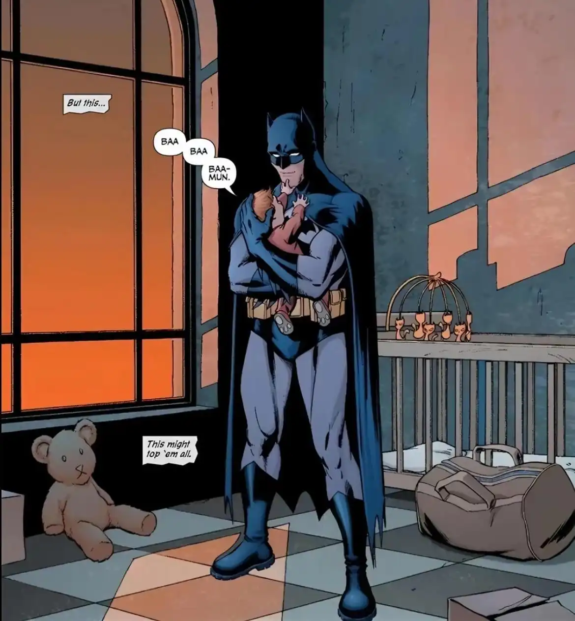 Batman stands in a nursery holding a baby who is cooing 'Baa Baa Baa-Mun' while Batman looks down at the child. A teddy bear…