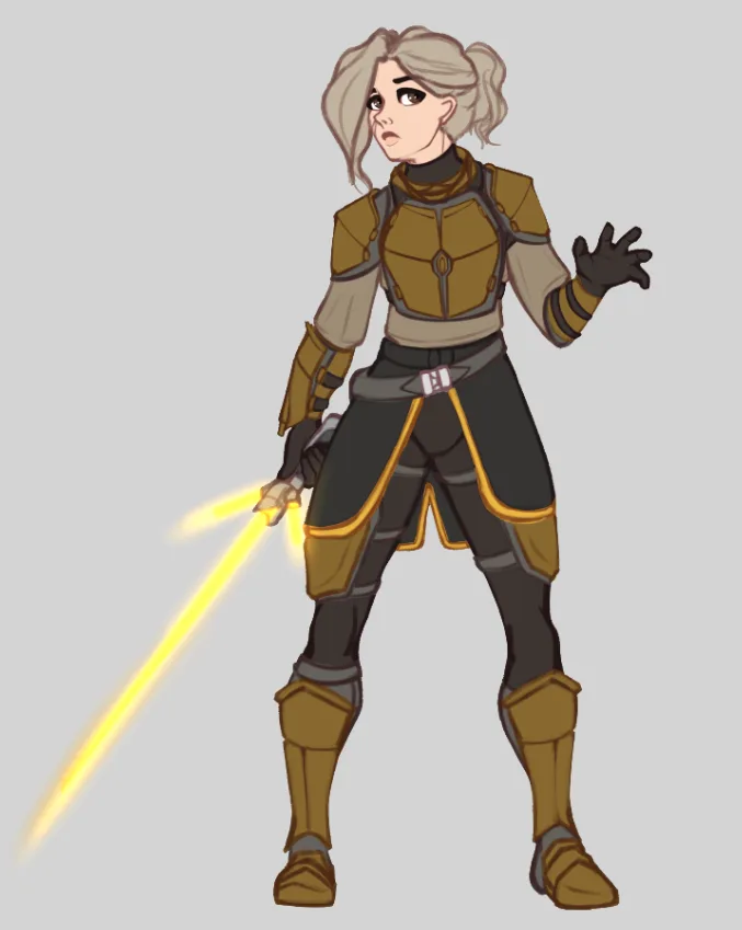 A female video game character with blonde hair in a ponytail, wearing brown and black armor, holds a glowing yellow…