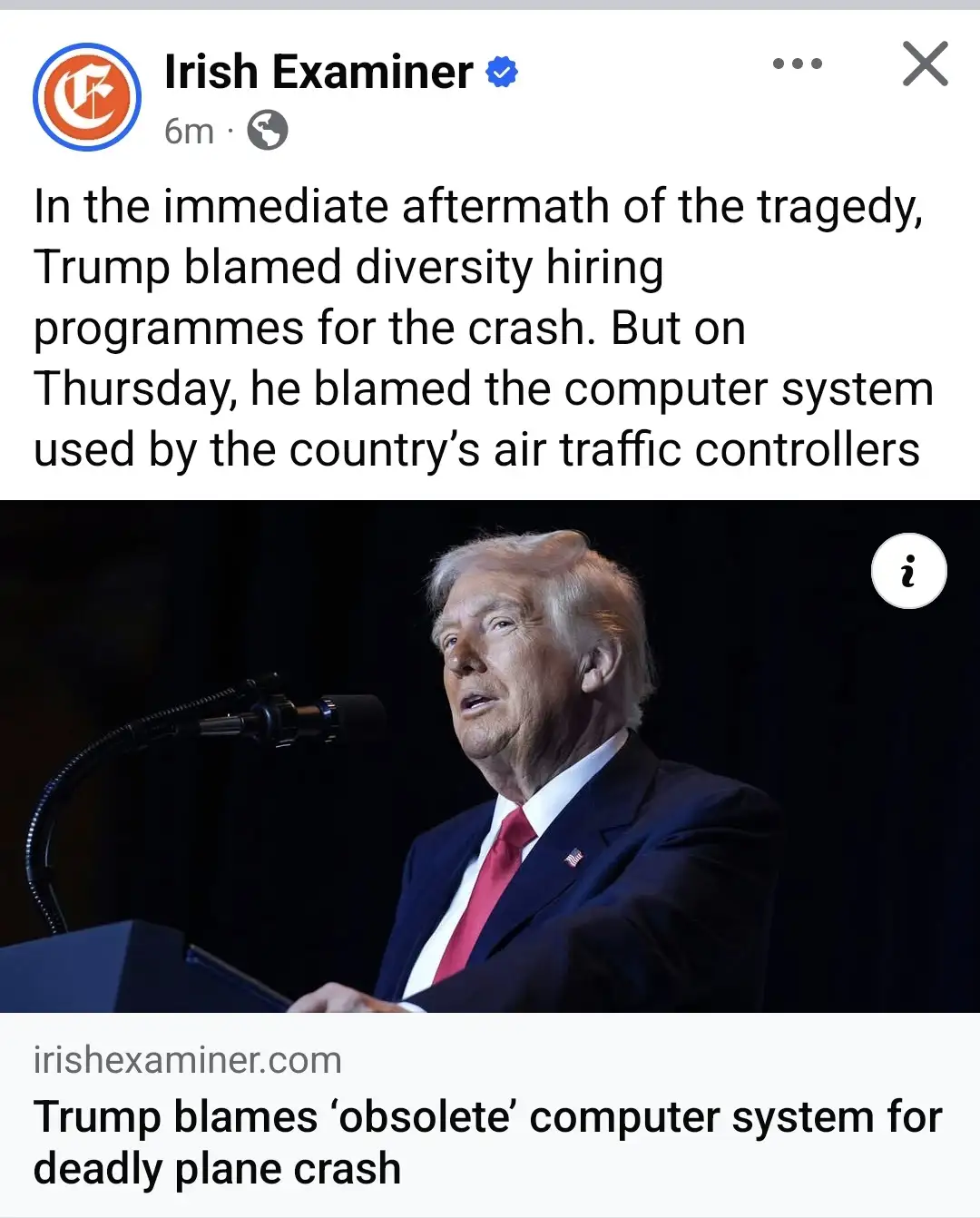 A screenshot of a news article from the Irish Examiner shows a photo of Donald Trump speaking at a podium. The article's…