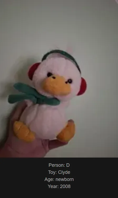 A blurry photo shows a hand holding a pink knitted plush duck toy with red earmuffs and a green scarf. Text overlaid at the…
