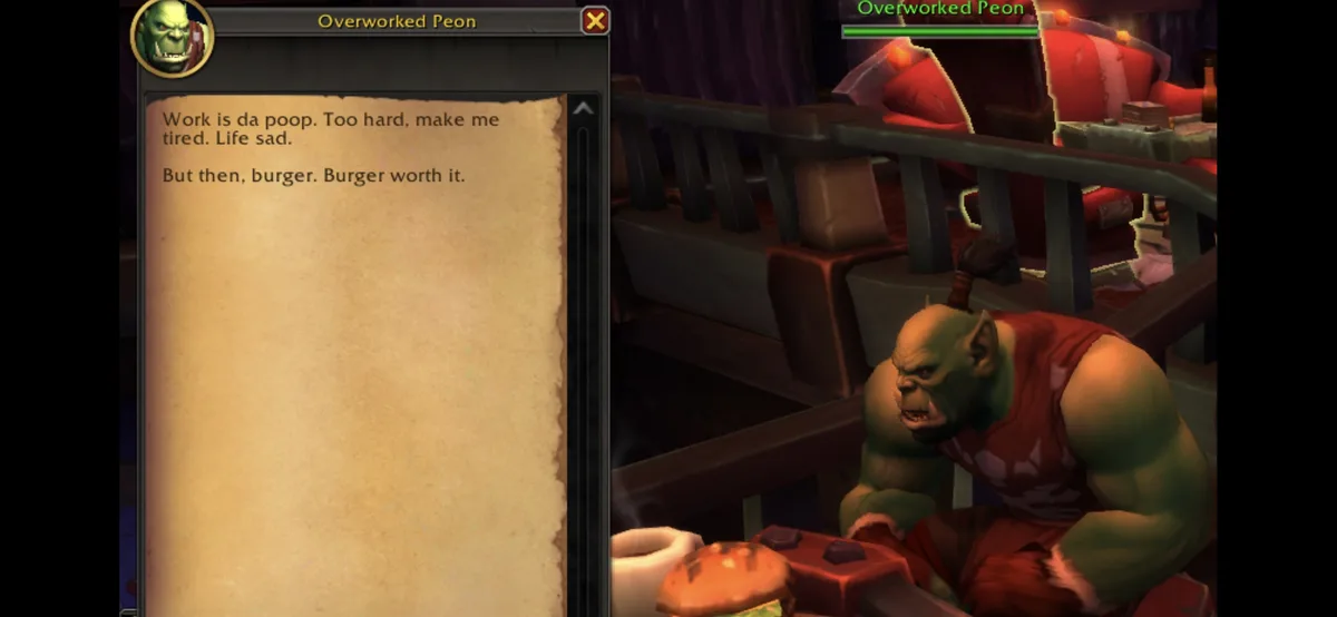 A green-skinned orc character named 'Overworked Peon' sits at a table with a burger in front of him. A dialogue box shows…