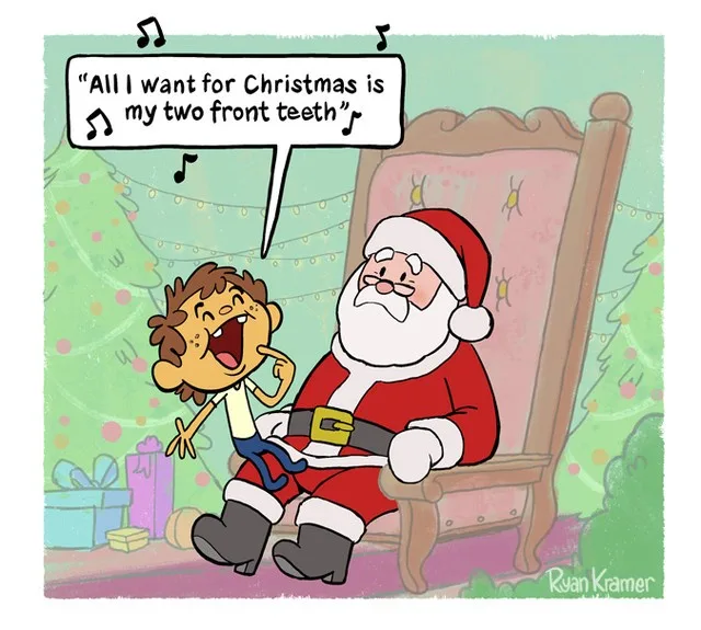 A cartoon boy with brown hair and a white shirt is joyfully singing to Santa Claus, who sits in a wooden chair wearing his…