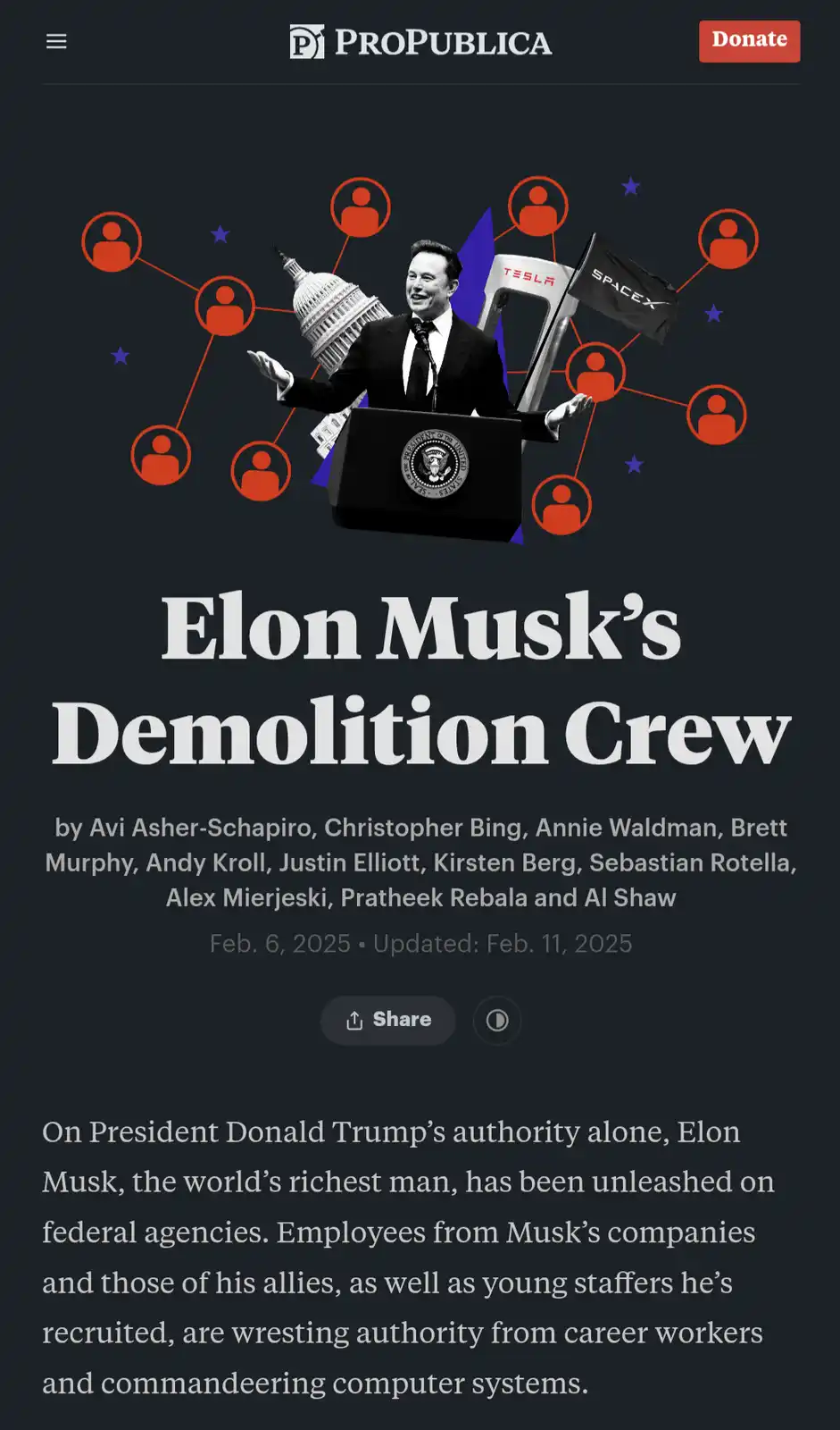A ProPublica article cover featuring Elon Musk at a presidential podium, surrounded by icons of the Capitol, Tesla, SpaceX…