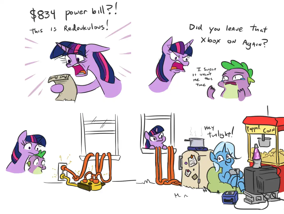 A four-panel comic featuring Twilight Sparkle and Spike from My Little Pony reacting to a massive $834 power bill. Twilight…