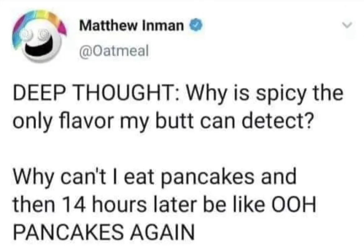 A screenshot of a tweet by Matthew Inman (@Oatmeal) featuring his signature rainbow smiley face avatar. The tweet text poses…