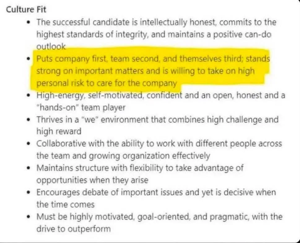 A screenshot of a 'Culture Fit' job description document with one bullet point highlighted in yellow. The highlighted text…