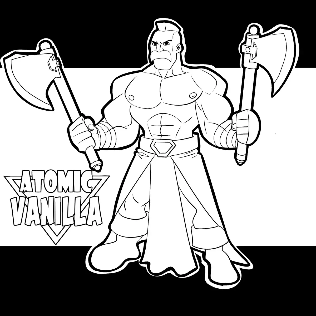 A black-and-white line art illustration of a muscular, shirtless cartoon character with a stern expression, holding two…
