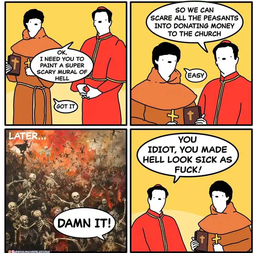 A four-panel comic shows a monk agreeing to paint a scary hell mural for the church to scare peasants into donating. The…