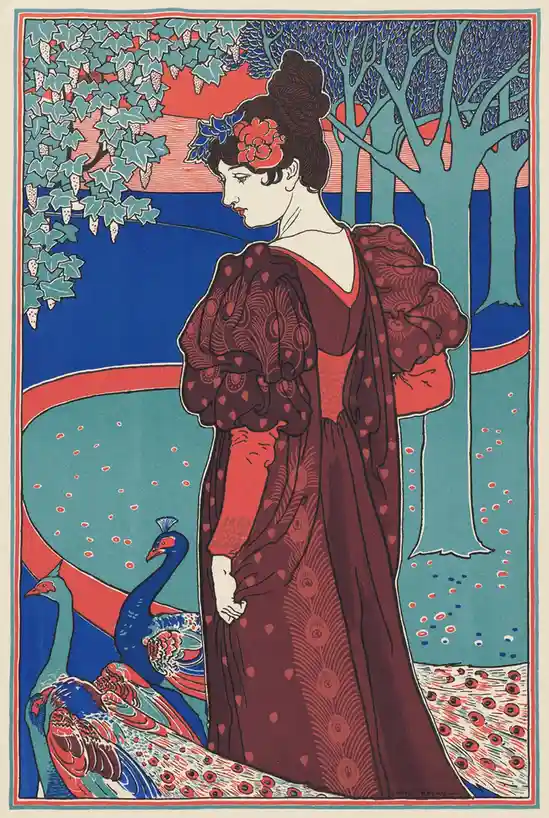 A vintage Art Nouveau illustration by Louis Rhead shows a woman in a red and maroon patterned gown standing beside two…
