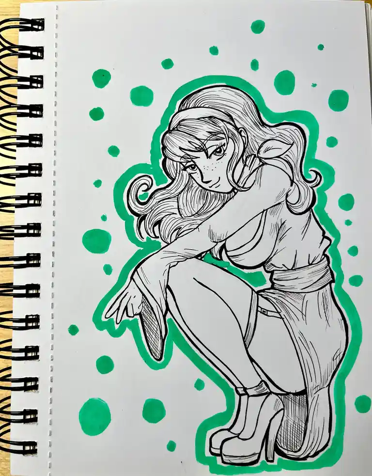 A hand-drawn sketch of a female character with long hair and pointed ears, sitting in a crouched pose on a spiral-bound…