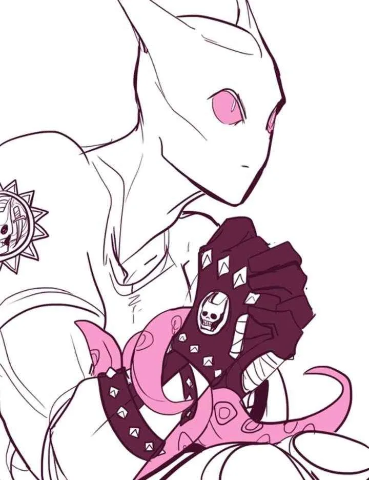 An anime-style character with pink eyes and a white face, wearing a dark purple glove with a skull emblem and pink octopus…