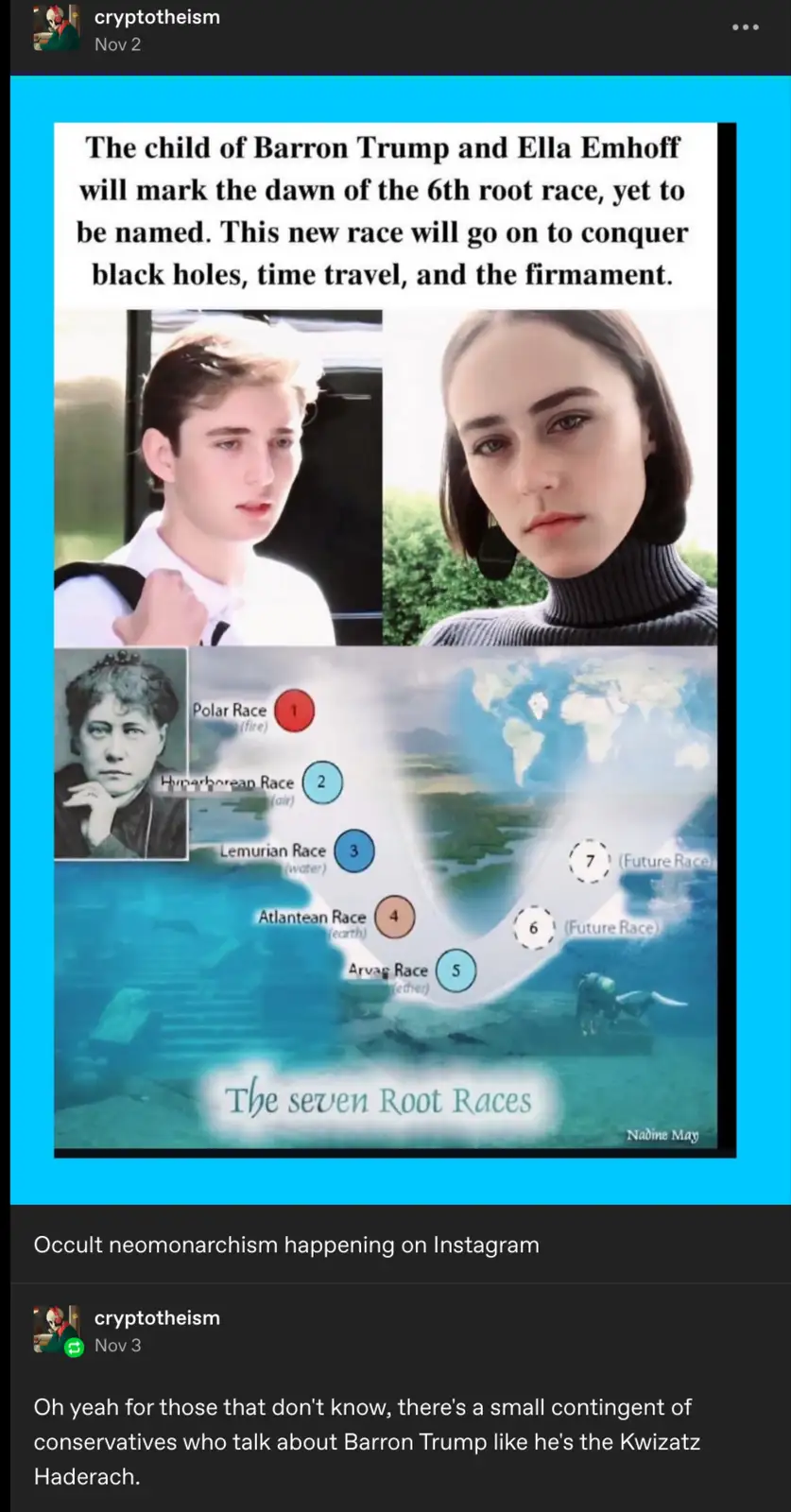 The image displays a meme combining photos of Barron Trump and Ella Emhoff with a diagram titled 'The seven Root Races' by…