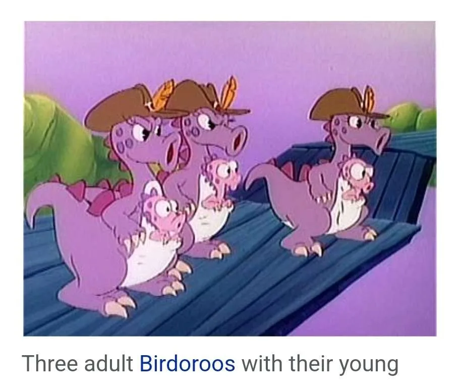 The image shows three purple cartoon dragons, called Birdoroos, sitting on a blue bench. Each adult dragon is holding a…