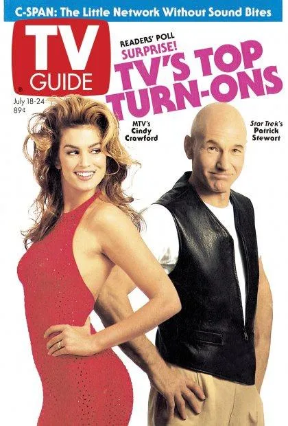 A TV Guide magazine cover from July 18-24, 1995, featuring a smiling Cindy Crawford in a red dress and Patrick Stewart in a…