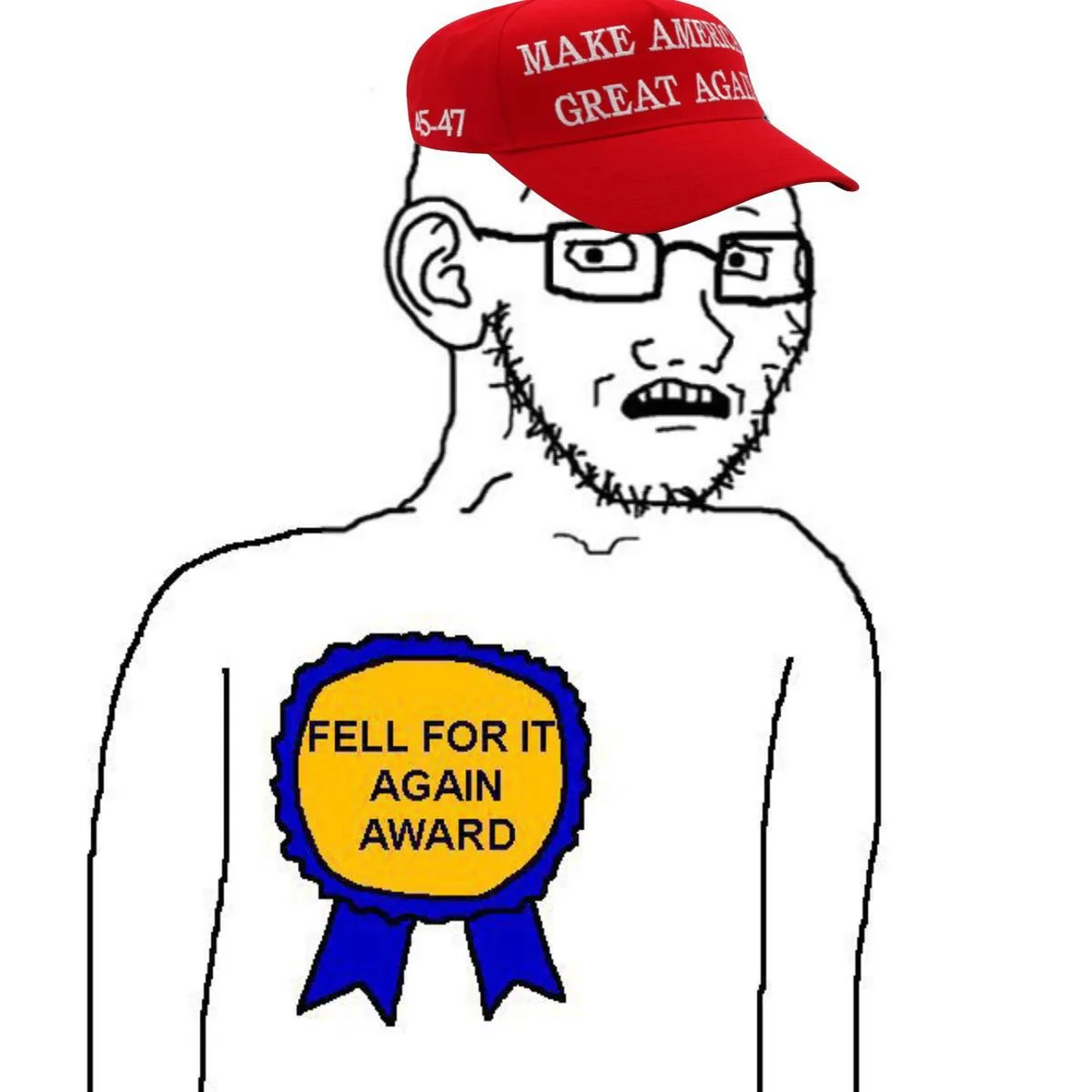 A crudely drawn, shirtless man with glasses and a stitched beard wears a red 'MAKE AMERICA GREAT AGAIN' cap with '45-47' on…