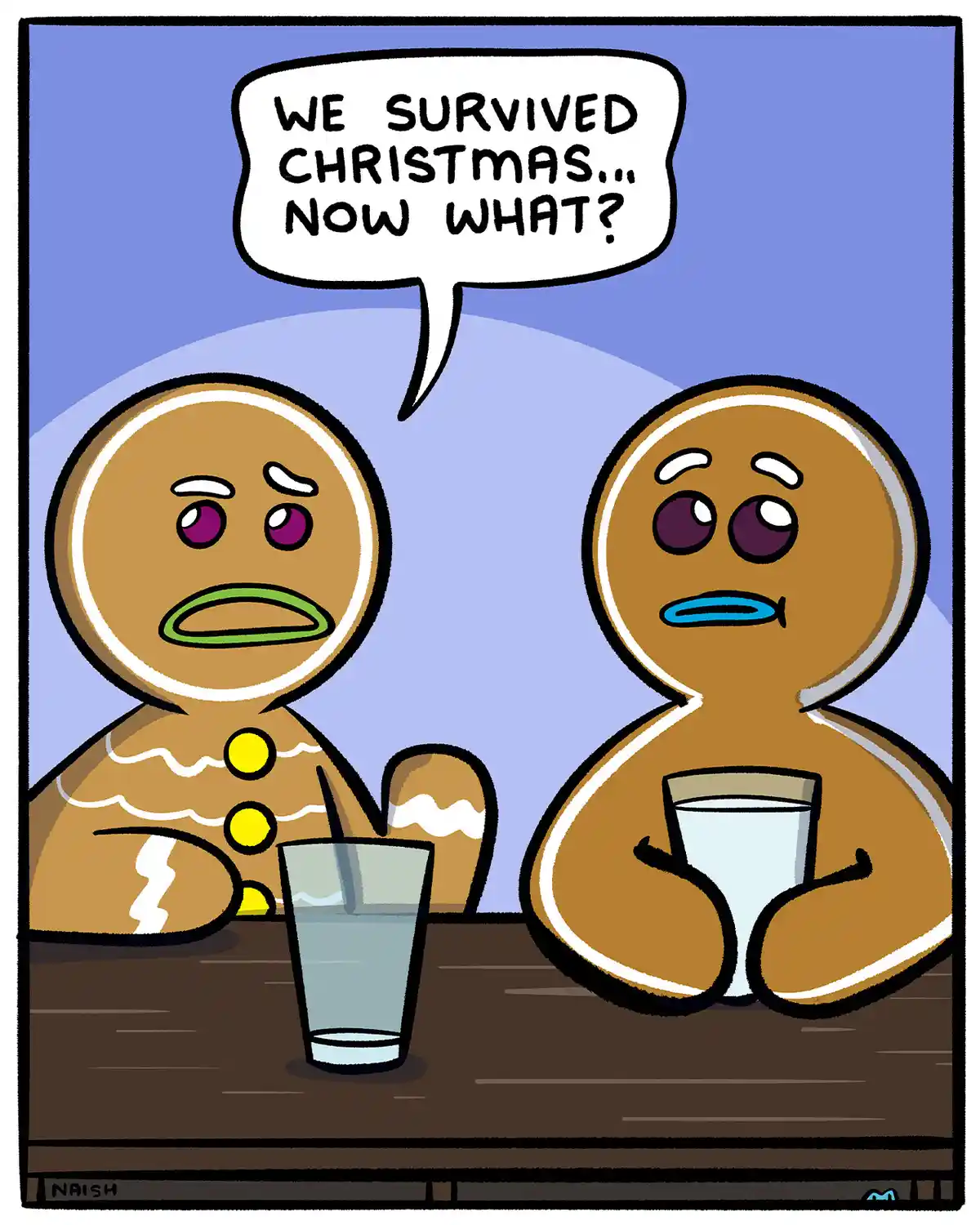 Two cartoon gingerbread men sit at a table with glasses of water, looking exhausted and defeated. One has a green mouth and…