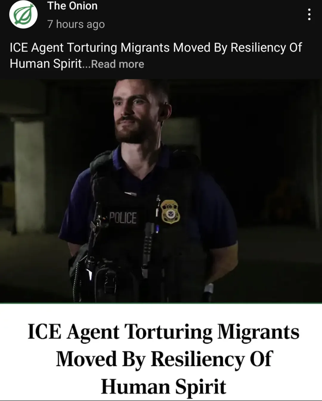 A man in a police uniform with a vest labeled 'POLICE' and an ICE badge looks off to the side with a gentle, almost tearful…