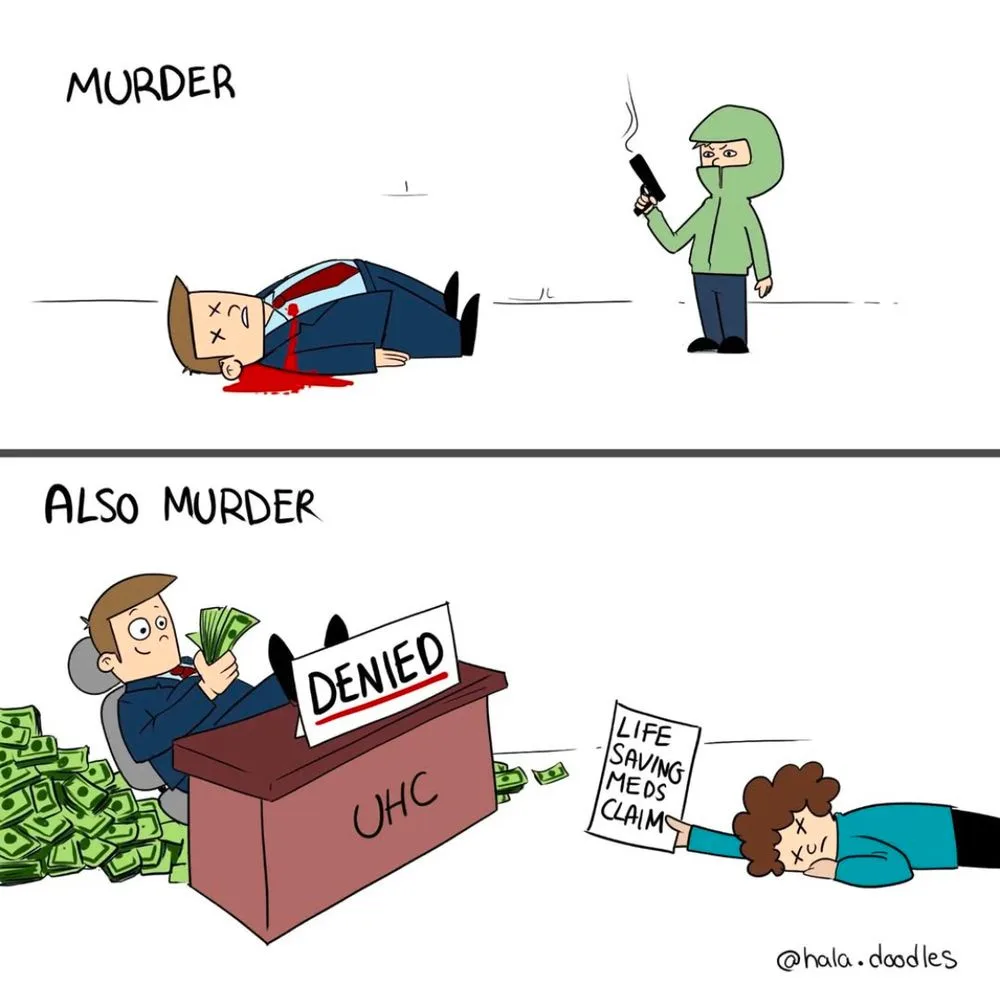 Top panel: A masked gunman holds a smoking gun while a man in a suit lies dead with blood pooling beneath him, labeled…