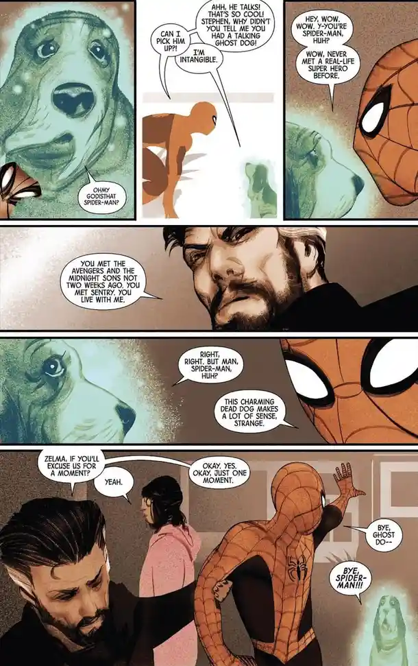 A comic panel sequence shows Spider-Man meeting a ghost dog, who is initially mistaken for a talking pet. The dog's…