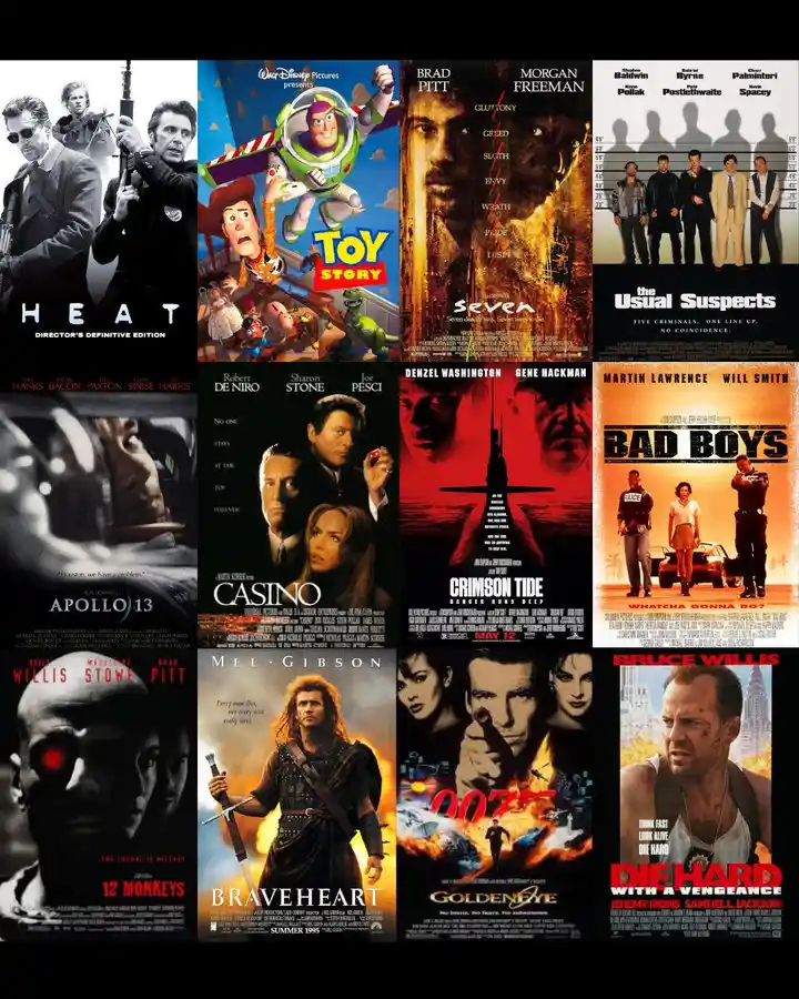 A collage of 12 movie posters arranged in a 3x4 grid, including Heat, Toy Story, Seven, The Usual Suspects, Apollo 13…