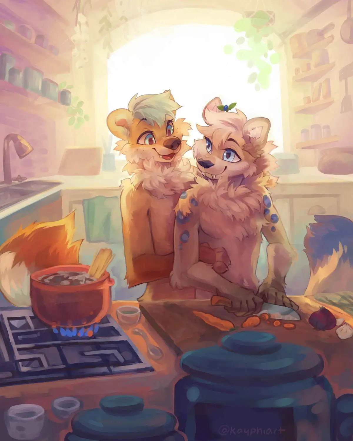 Two anthropomorphic foxes are happily cooking in a warmly lit kitchen. One is chopping carrots on a wooden board while the…