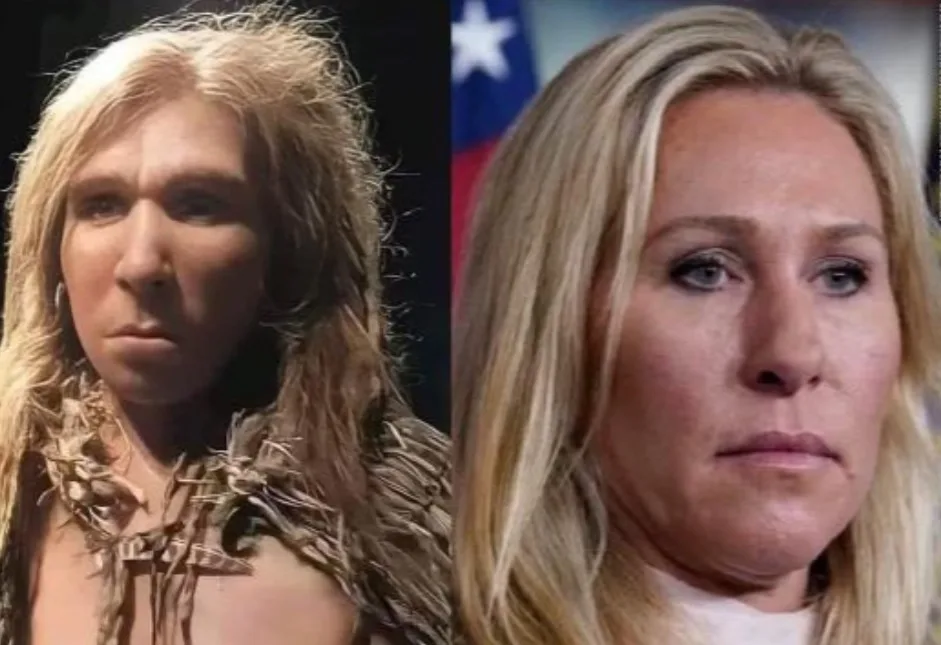 The image is a side-by-side comparison showing a reconstructed Neanderthal woman on the left, with long, shaggy blonde hair…