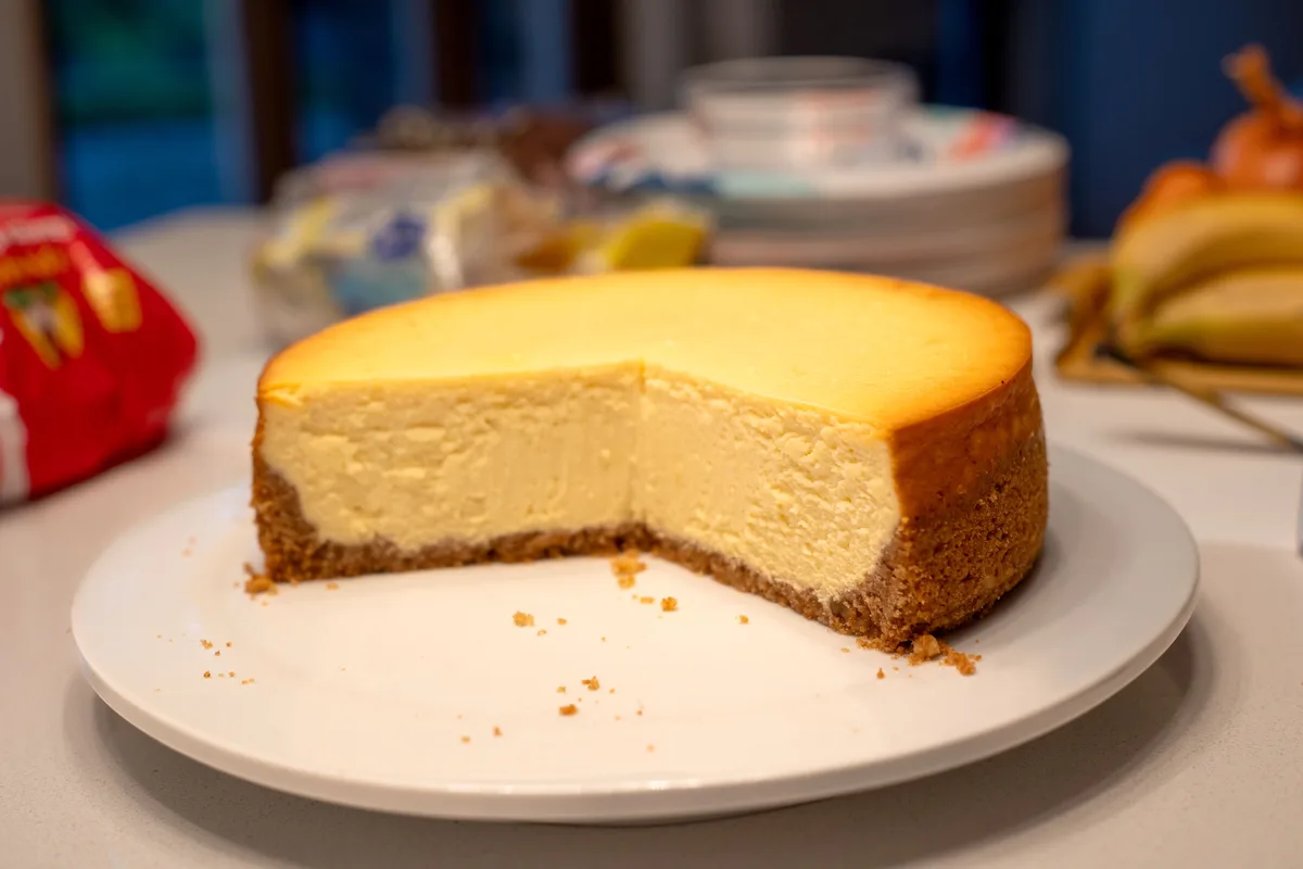 A close-up photo shows a creamy yellow cheesecake on a white plate with a single slice missing, revealing its graham cracker…