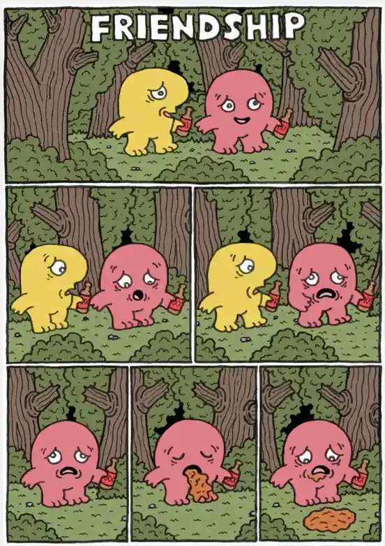 A six-panel comic strip shows two cartoon creatures, one yellow and one pink, in a forest. They start drinking together…
