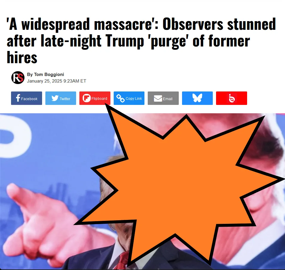 A screenshot of a fake news article from 'RS' dated January 25, 2025, with a headline about a 'massacre' and 'purge' of…