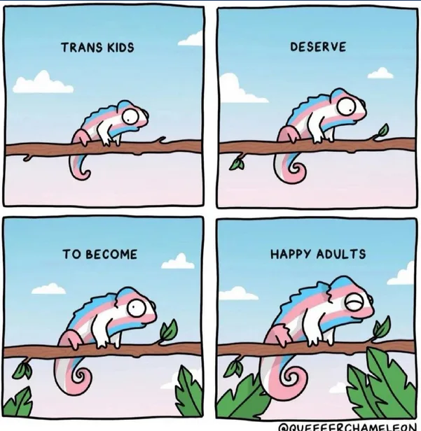 A four-panel comic shows a chameleon on a branch. In the first panel, the chameleon is small and alone. In the second, a…