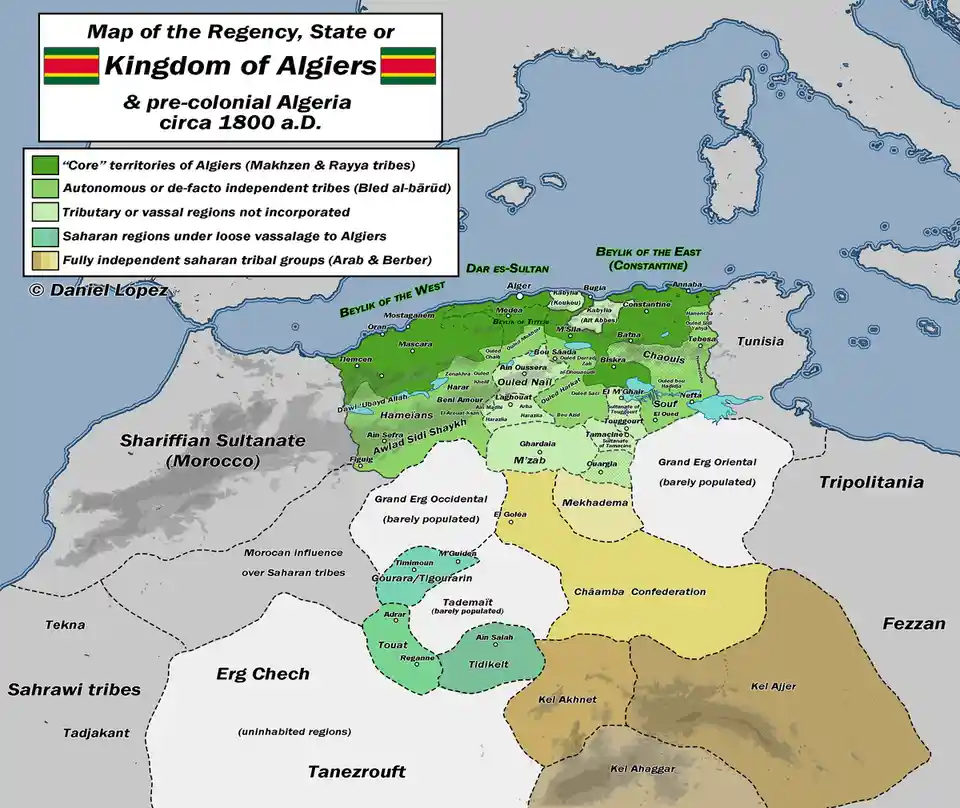A historical map titled 'Map of the Regency, State or Kingdom of Algiers & pre-colonial Algeria circa 1800 a.D.' shows the…