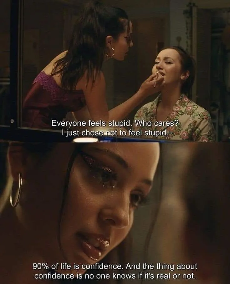 The image is a two-panel meme from a movie scene. In the top panel, one woman applies lipstick to another woman's lips while…