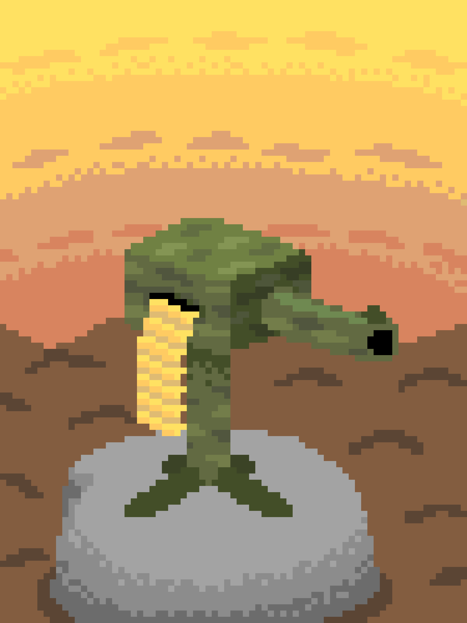 A pixelated image shows a green tree with a yellow trunk growing out of a large grey rock in brown dirt, set against a…