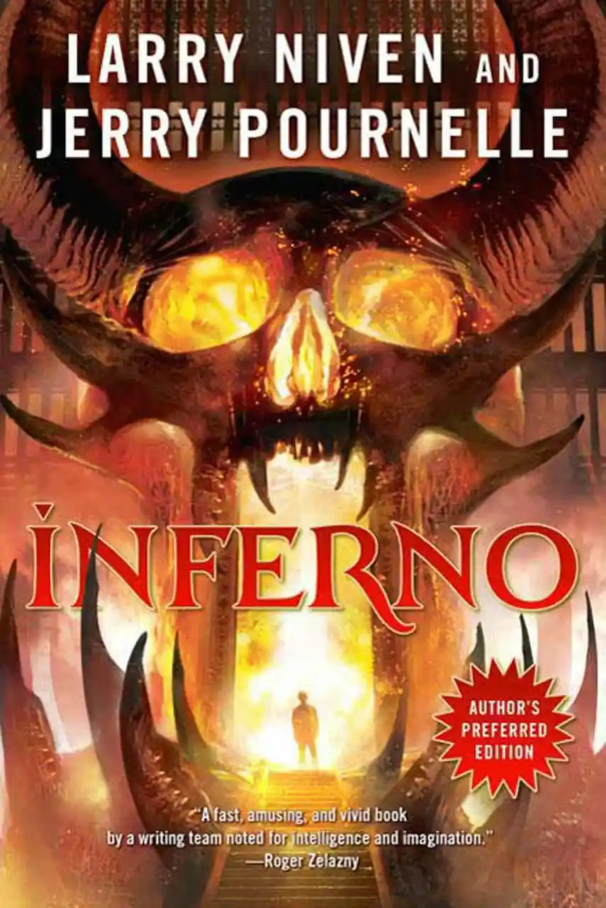 The image is a book cover for 'Inferno' by Larry Niven and Jerry Pournelle, featuring a large demonic skull with glowing…
