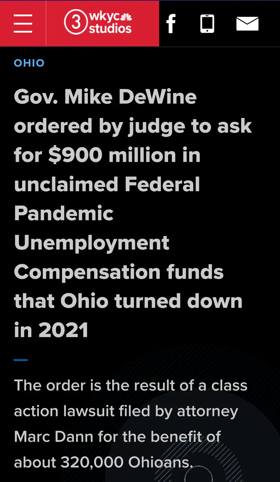 A screenshot of a WKYC news article headline about Ohio Governor Mike DeWine being ordered by a judge to request $900…
