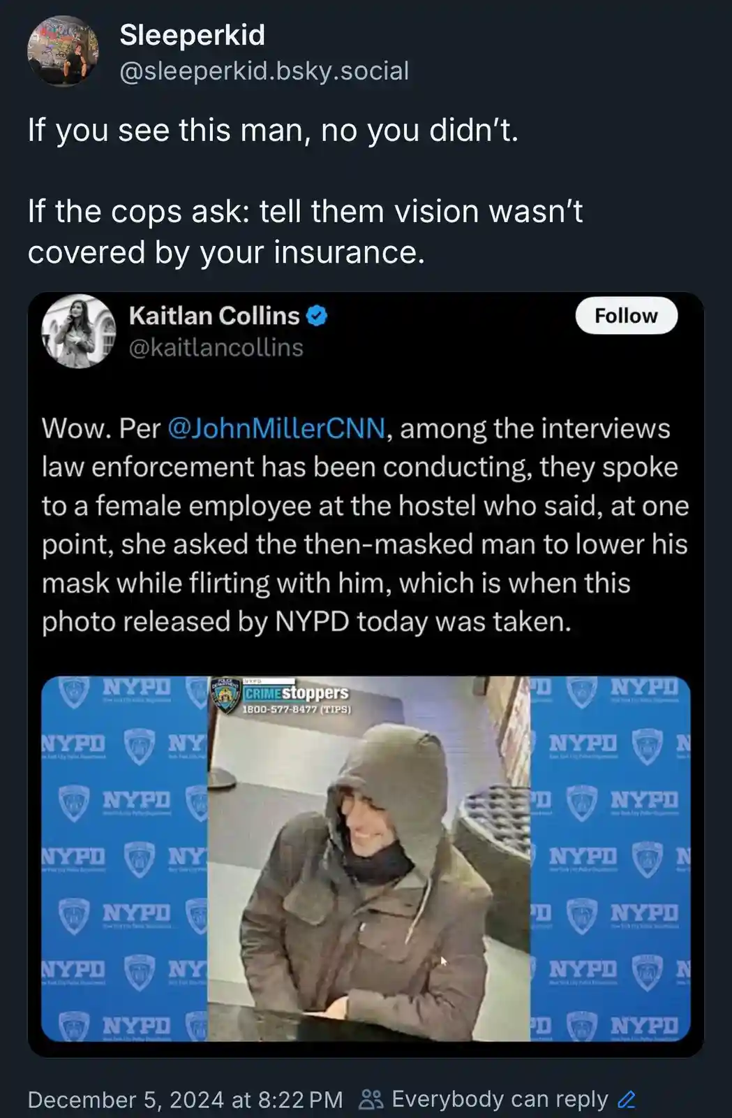 A screenshot of a social media post shows a grainy surveillance photo of a person in a dark hooded jacket smiling while…