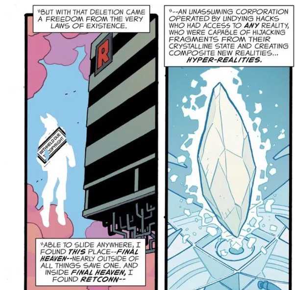 A comic book panel split into two parts. The left shows a white silhouette holding a 'WITHHELD DUE COPYRIGHT' sign, standing…