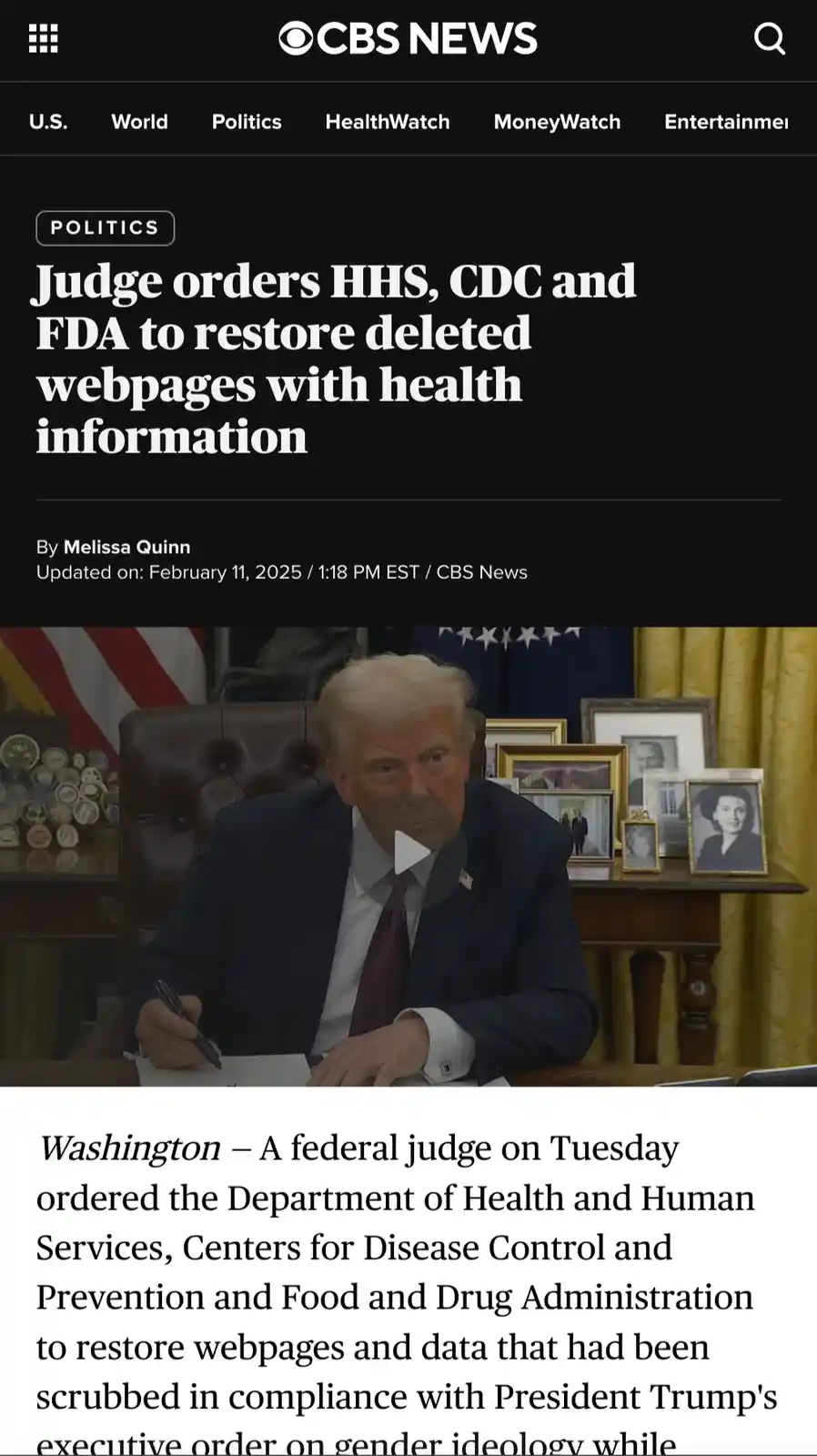 A screenshot of a CBS News article headline about a judge ordering federal health agencies to restore deleted webpages…
