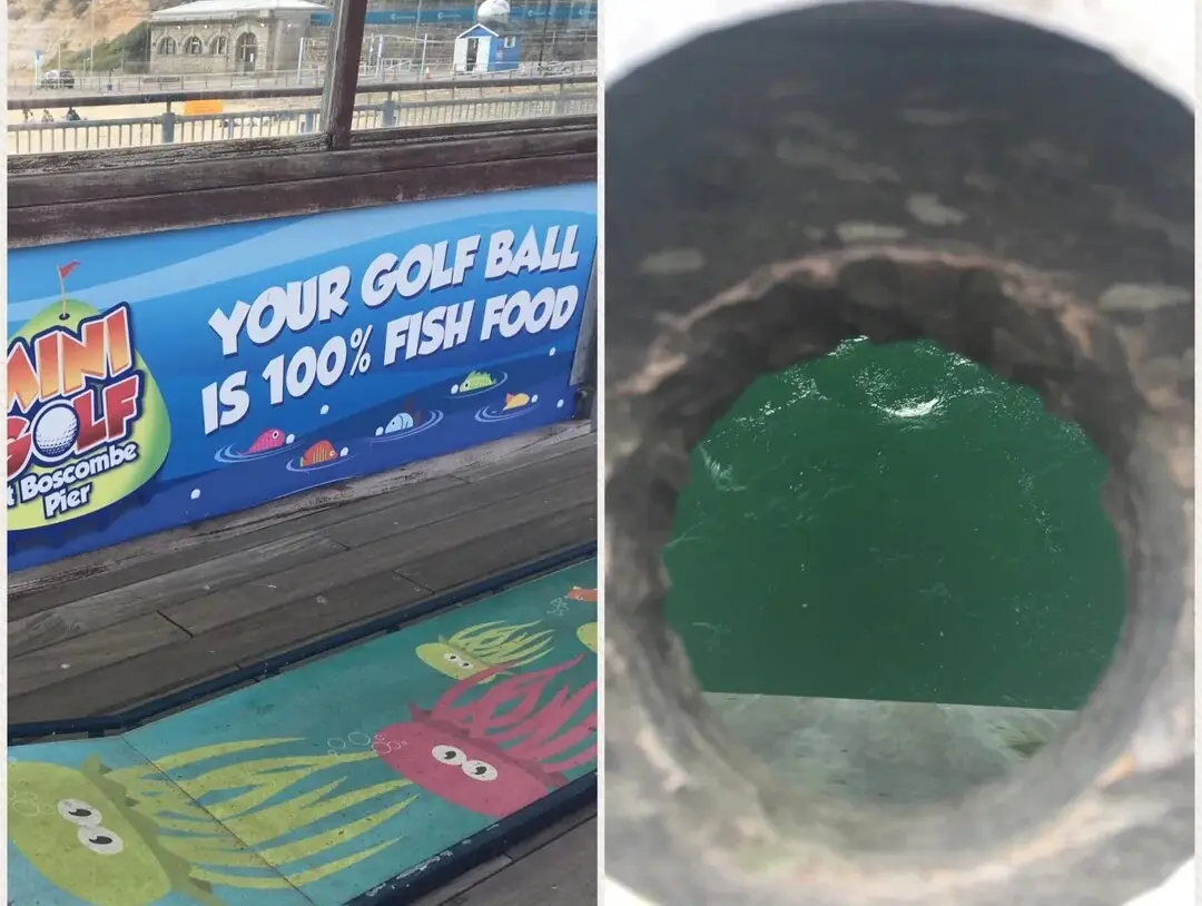 A split image shows a blue sign at a mini-golf course reading 'YOUR GOLF BALL IS 100% FISH FOOD' next to a view looking down…