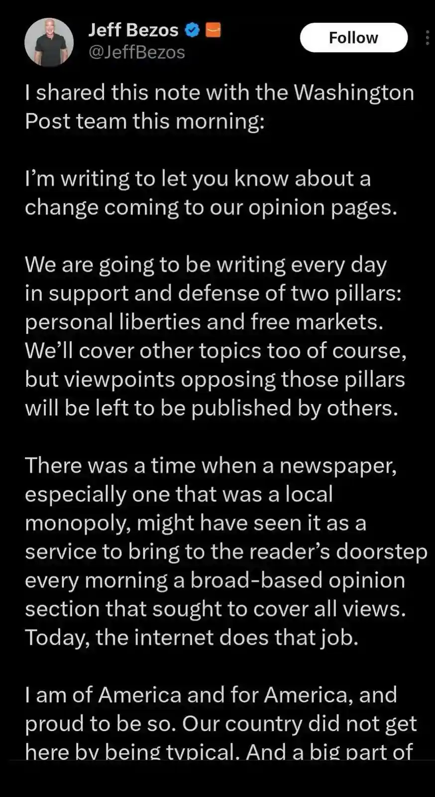 A screenshot of a tweet from Jeff Bezos, showing his official Twitter profile and a long-form message about a planned change…