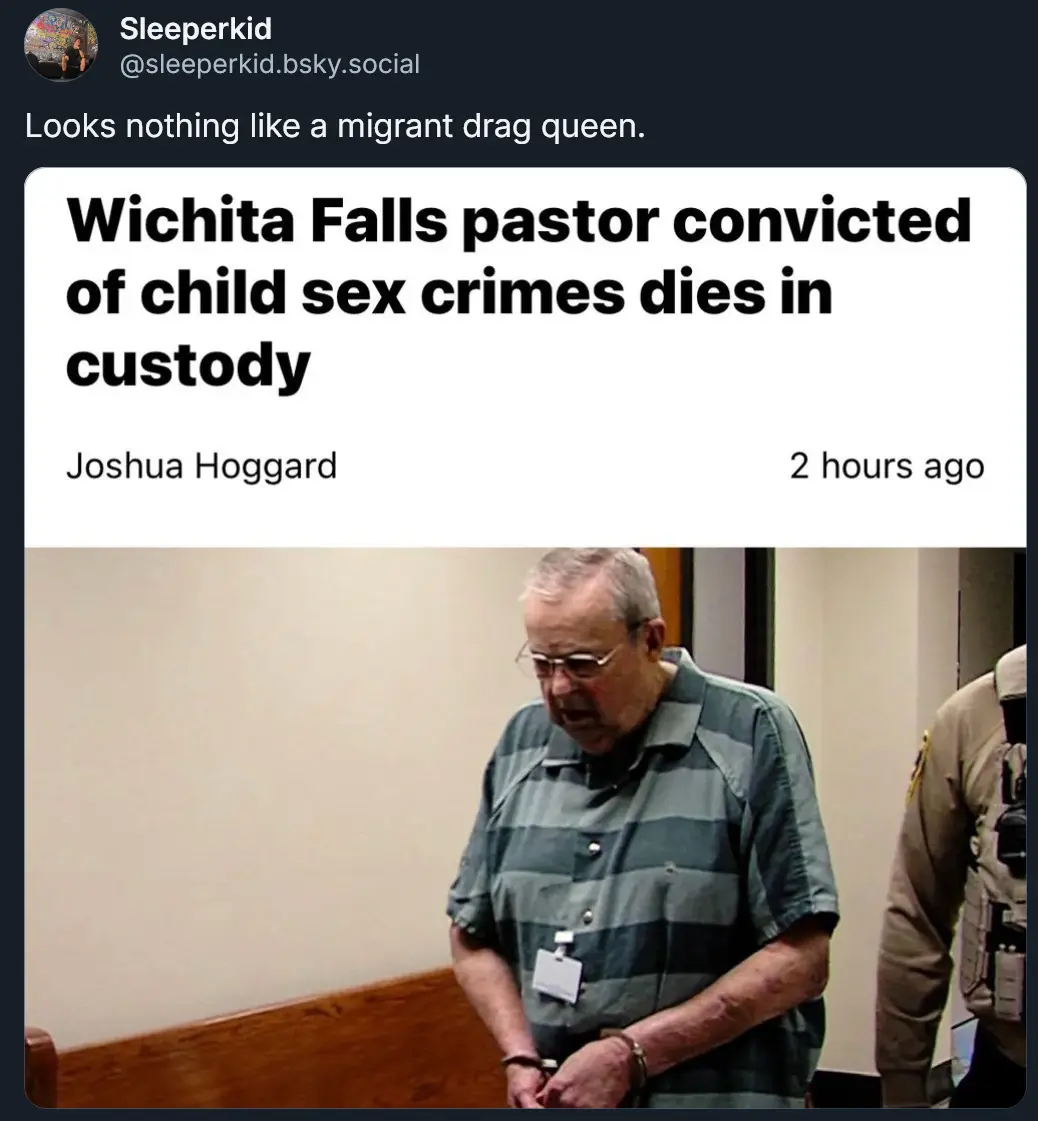 An image of an older man in a striped prison jumpsuit and handcuffs, looking down, with a news headline overlay reading…
