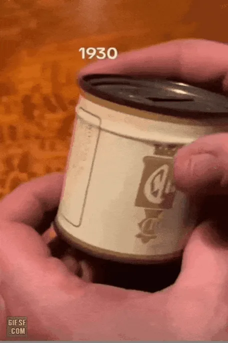 A six-panel sequence shows hands opening a vintage 1930s tin can using primitive tools like a knife and toothbrush…