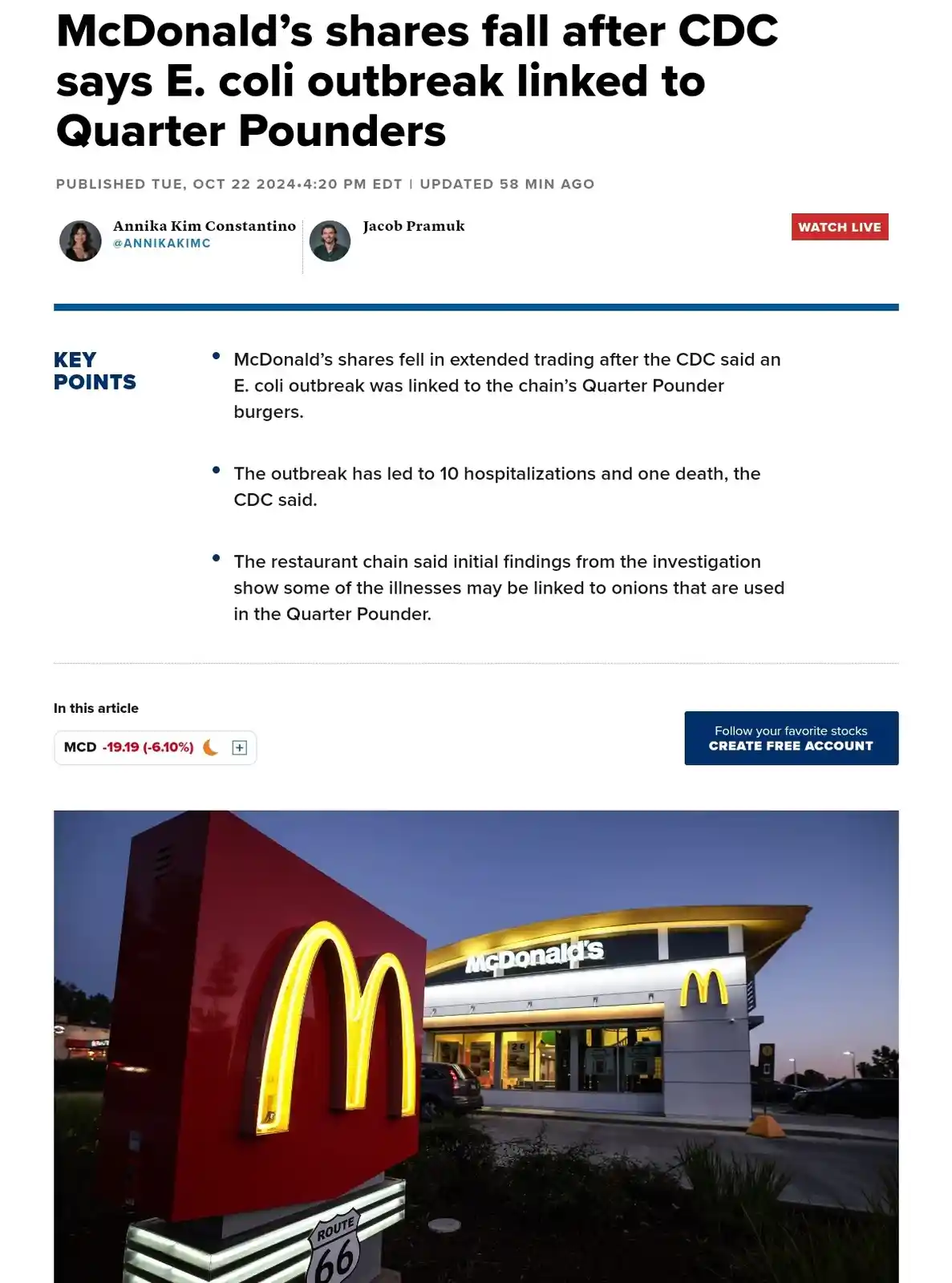 A screenshot of a news article with a headline about McDonald's shares falling after the CDC linked an E. coli outbreak to…