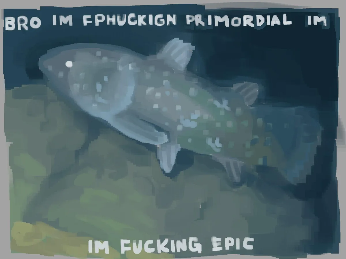 A pixelated, low-resolution image of a fish, likely a primitive species, swimming in murky water. The image has white…