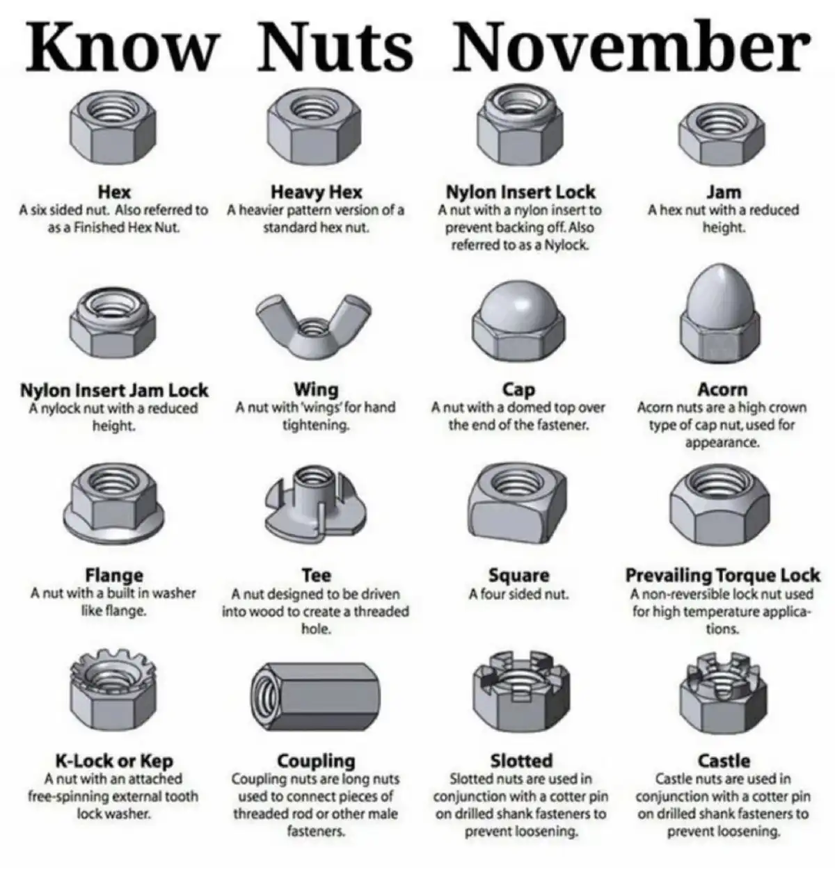 An infographic titled 'Know Nuts November' displays 16 different types of nuts with their names and descriptions. Each nut…